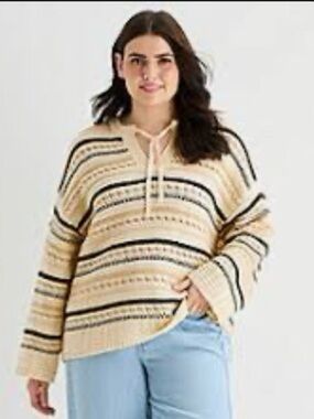 Ana NWT XXL Women's Cream Striped Knit Hoodie Sweater